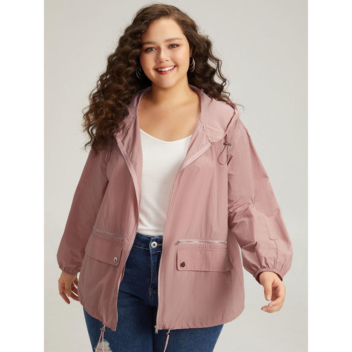 Plus Size Plain Hooded Pocket Zipper Fly Drawstring Jacket Women Rouge Plain Pocket Dailywear Jackets BloomChic 30/6X Product Image