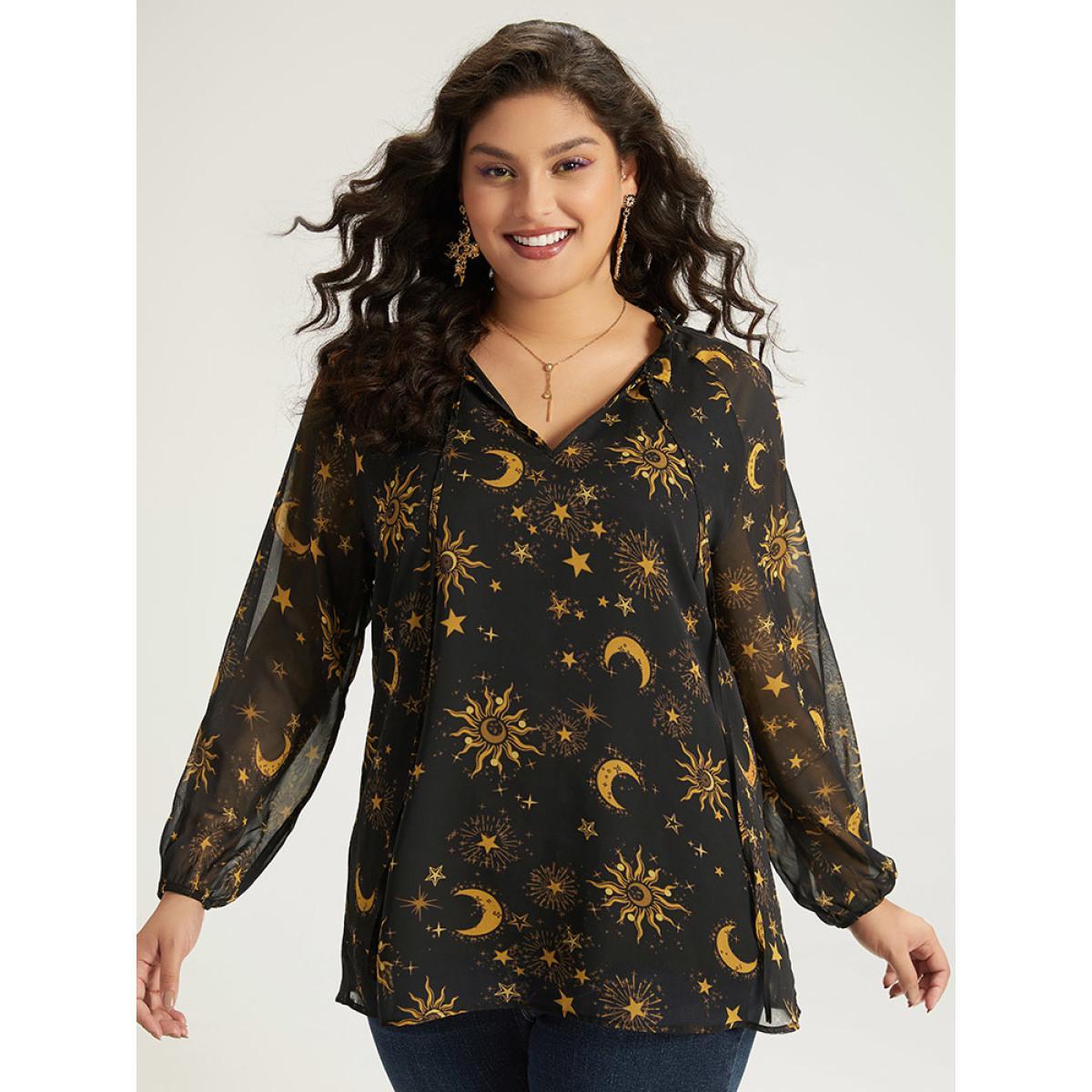 Plus Size Black Halloween Moon & Star Print Tie Neck Mesh Lantern Sleeve Blouse Women Elegant Long Sleeve Tie Neck Festival-Halloween Blouses BloomChic 14-16/1X Product Image