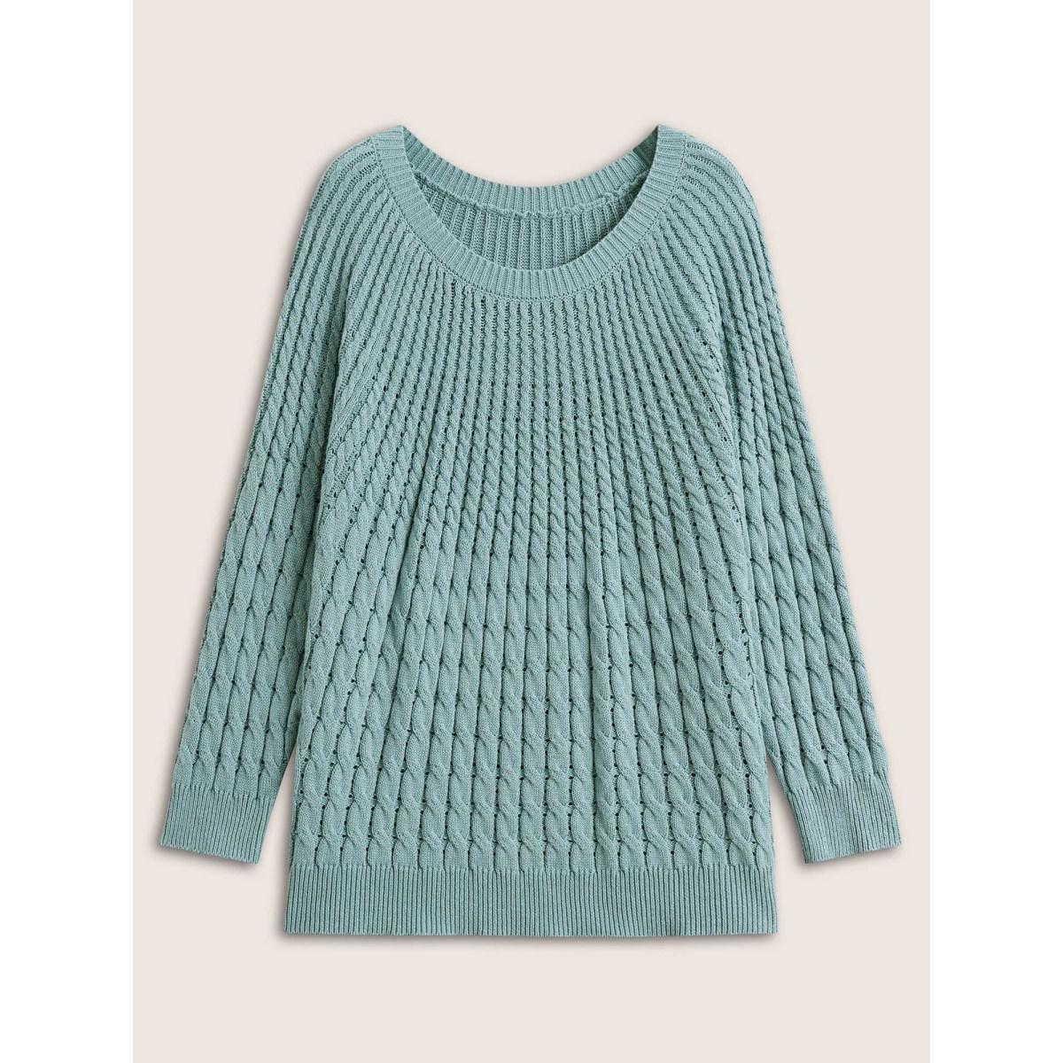 Plus Size Cotton Blended Cable Knit Raglan Sleeve Pullover Teal Women Casual Long Sleeve Round Neck Everyday Pullovers BloomChic 30/6X Product Image