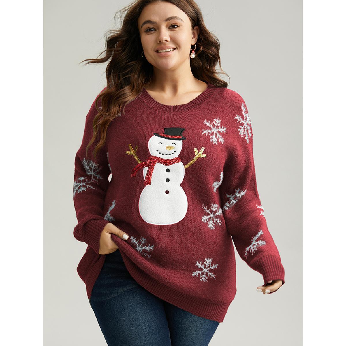 Plus Size Sequin Christmas Graphic Drop Shoulder Pullover Burgundy Women Casual Loose Long Sleeve Round Neck Festival-Christmas Pullovers BloomChic 26/4X Product Image