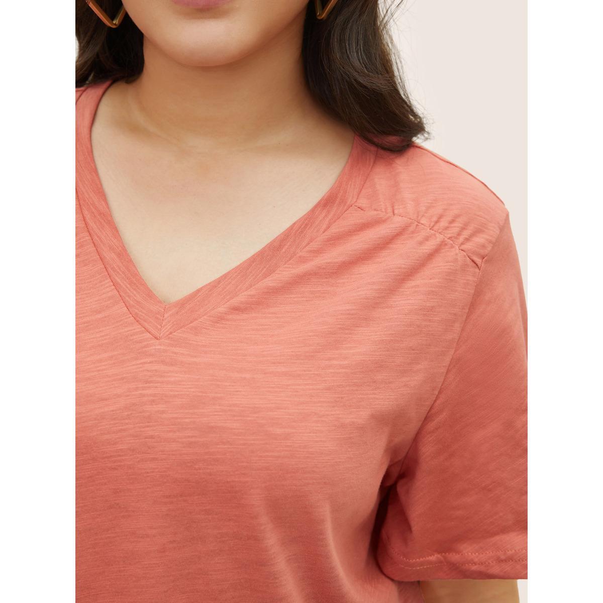 Plus Size Plain Ruffle Sleeve Heather V Neck T-shirt Rust Women Casual Plain V-neck Everyday T-shirts BloomChic 14-16/1X Product Image