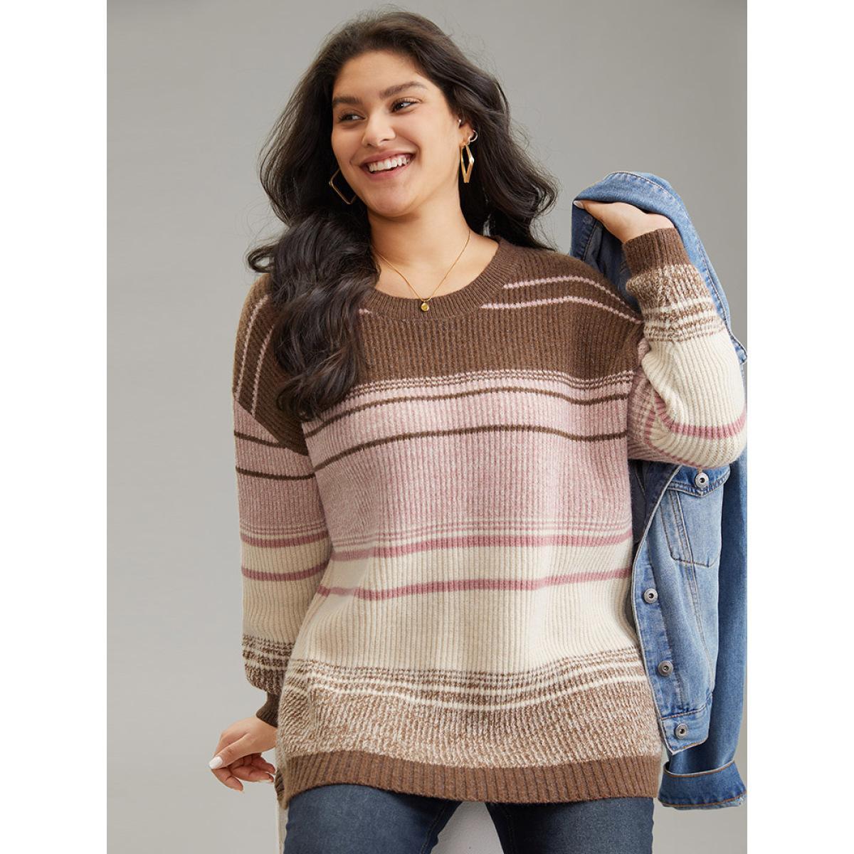 Plus Size Drop Shoulder Heather Colorblock Elastic Cuffs Pullover Multicolor Women Casual Long Sleeve Round Neck Everyday Pullovers BloomChic 18-20/2X Product Image