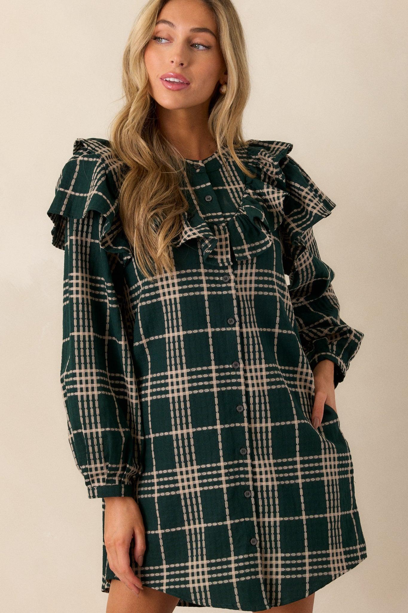 Falling into Bliss 100% Cotton Forest Green Plaid Mini Dress Product Image
