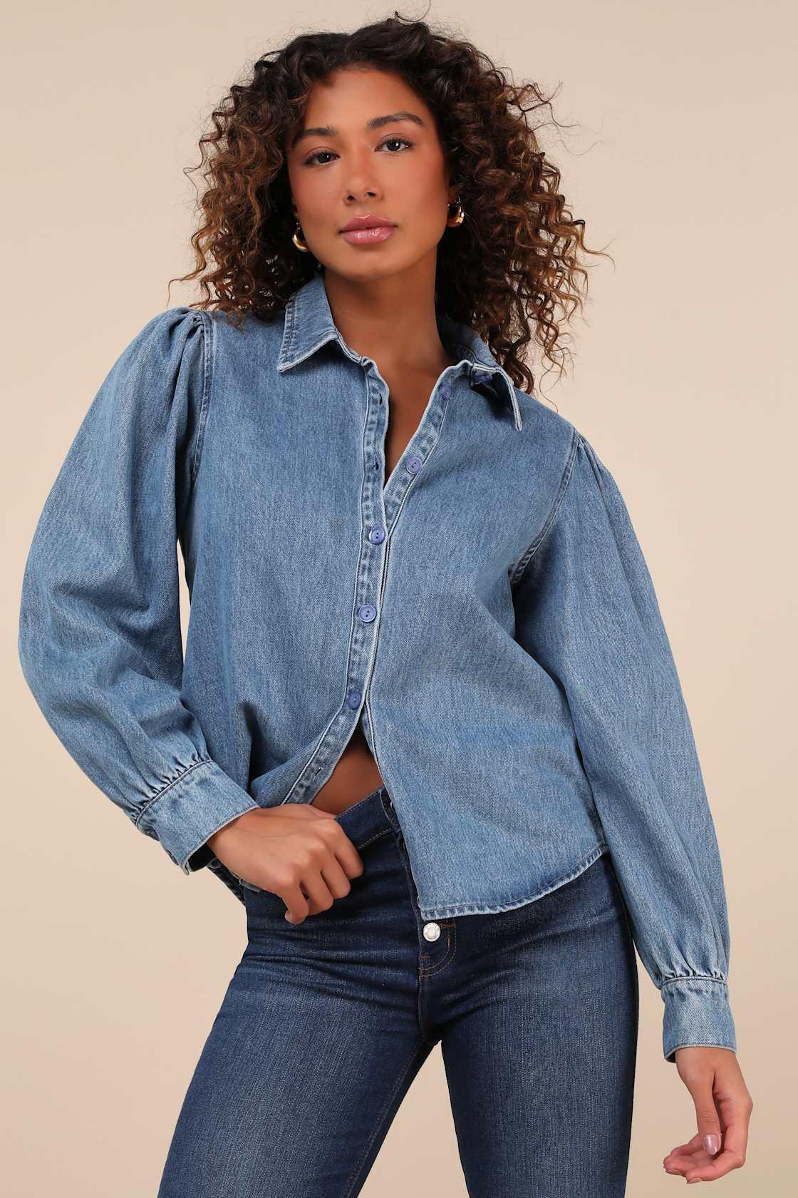 Notoriously Chic Medium Wash Denim Button-Up Top Product Image