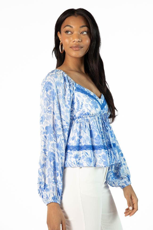 In My Dreams Blue Lace Trim Floral Blouse SALE Product Image