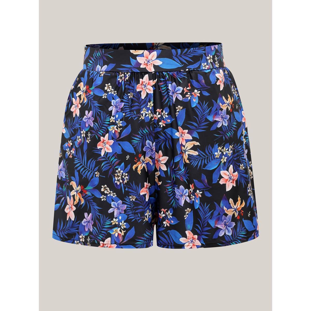 Plus Size Floral Paradise Pockets Swim Shorts Women's Swimwear Black Beach High stretch Skinny High Rise Side seam pocket Curve Swim Bottoms BloomChic 18-20/2X Product Image