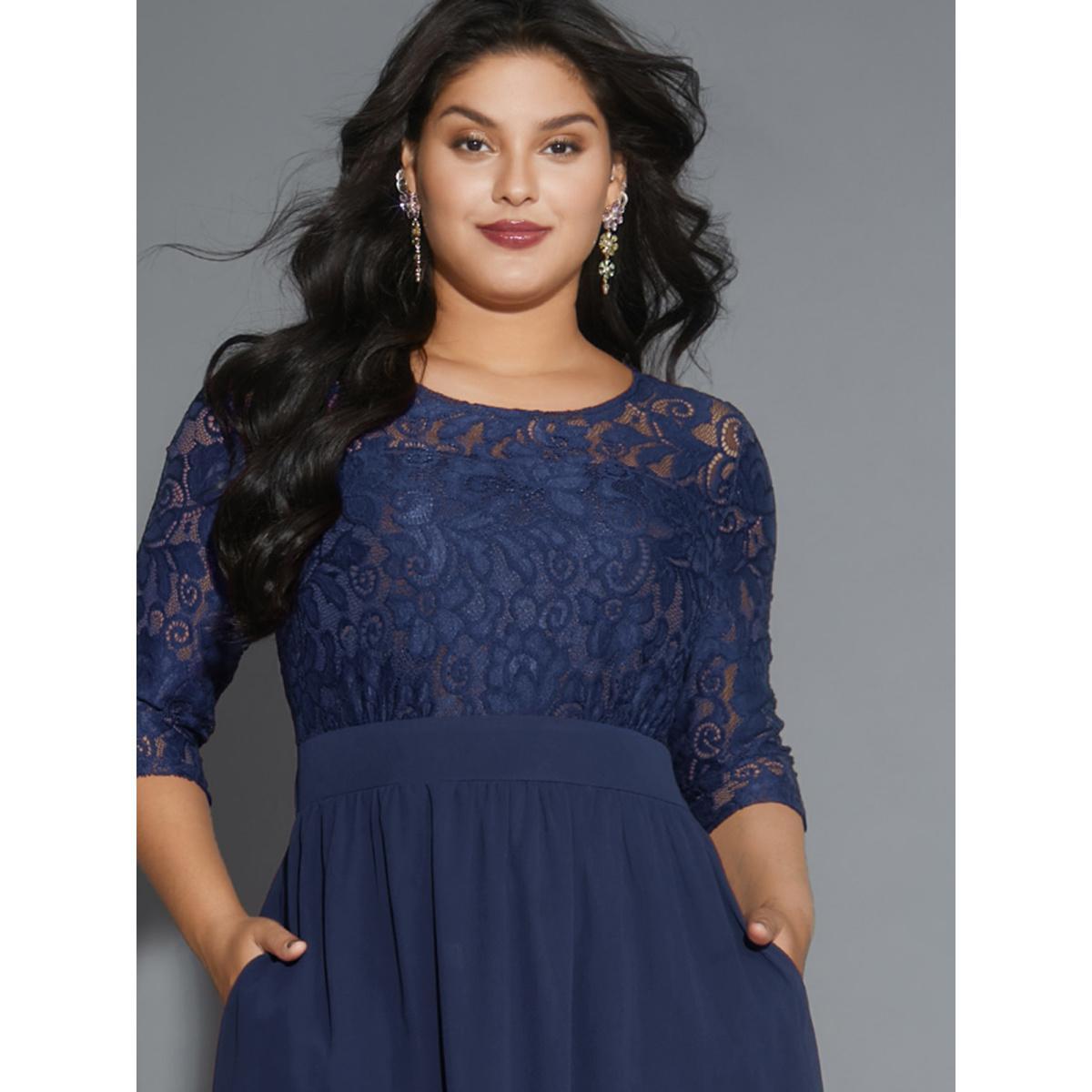 Plus Size Lace Patchwork Shirred Midi Pocket Dress DarkBlue Women Cocktail Woven ribbon&lace trim Round Neck Elbow-length sleeve Curvy BloomChic 26/4X Product Image