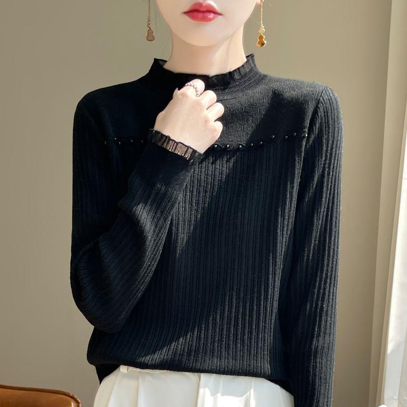 Long-Sleeve Frill Trim Plain Knit Top Product Image