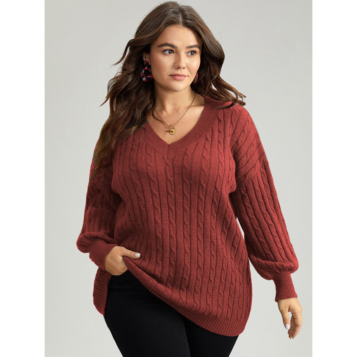 Plus Size Lurex Cable Knit Plain V Neck Pullover Raspberry Women Casual Loose Long Sleeve V-neck Dailywear Pullovers BloomChic 14-16/1X Product Image
