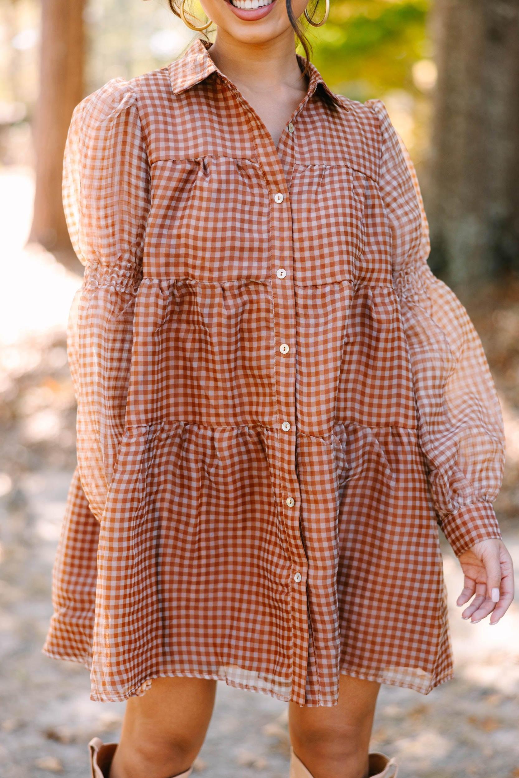 Take The Leap Butterscotch Brown Plaid Dress Female Product Image