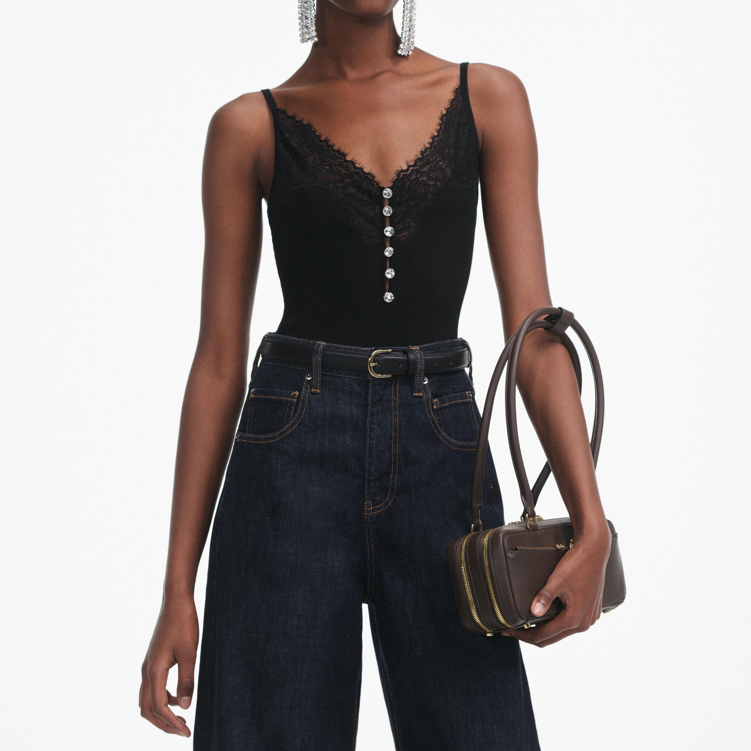 Black Lace Trim Rib Knit Top Product Image