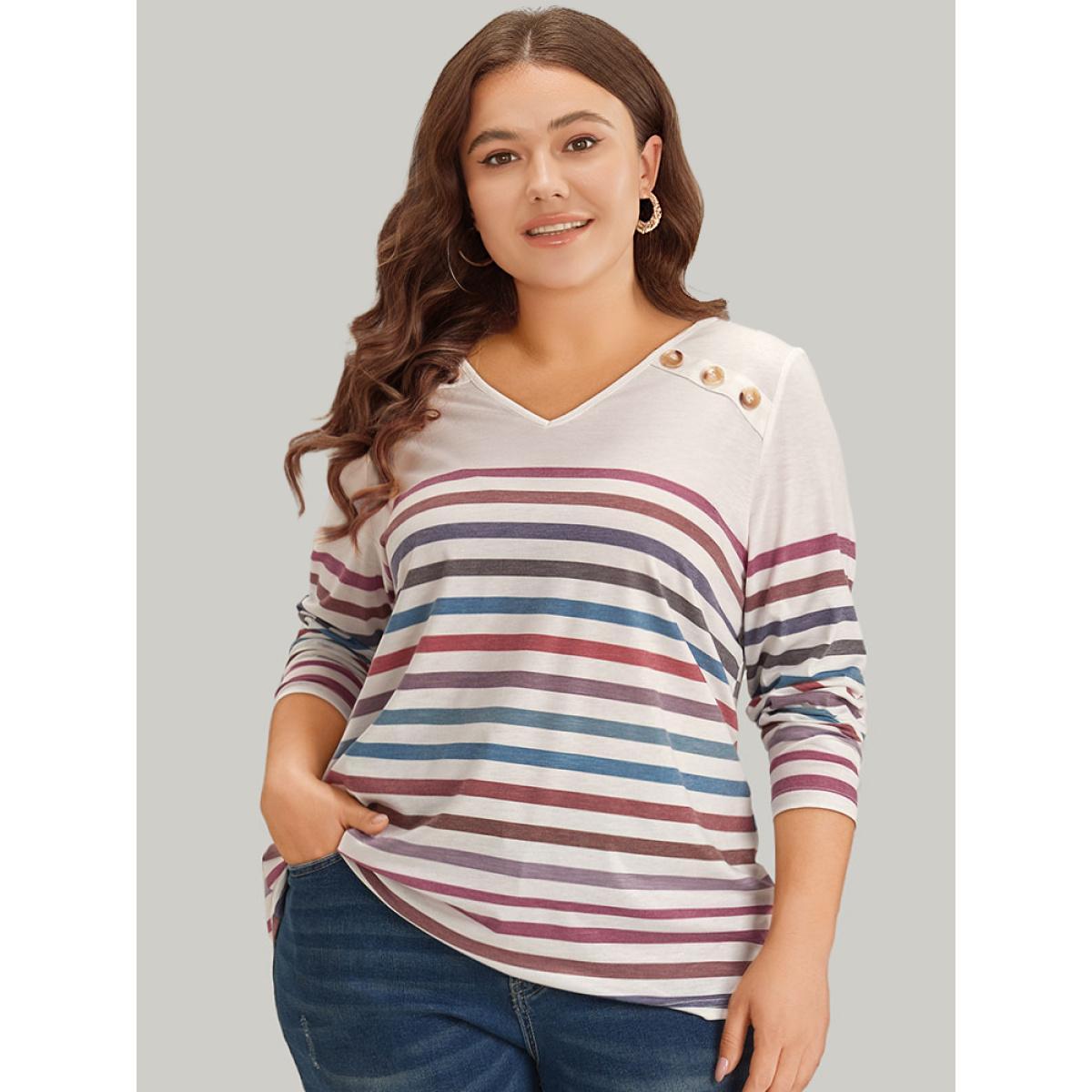 Plus Size Striped V Neck Button Detail Raglan Sleeve T-shirt Multicolor Women Casual Button Striped V-neck Dailywear T-shirts BloomChic 26/4X Product Image