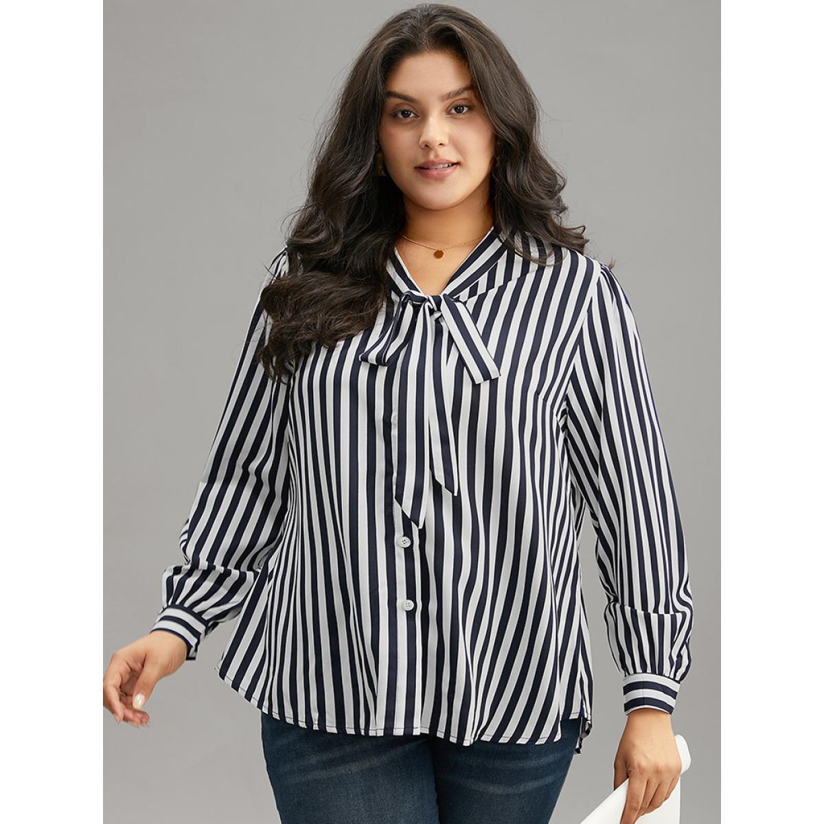 Plus Size Indigo Striped Bowknot V Neck Curved Hem Woven Top Women Office Long Sleeve Shirt collar Work Blouses BloomChic 28/5X Product Image