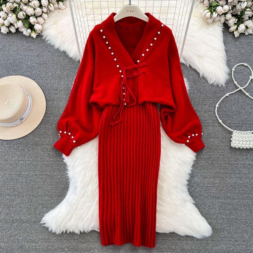 Set: Sleeveless V-Neck Plain Ribbed Knit Sheath Dress + Faux Pearl Cardigan Product Image