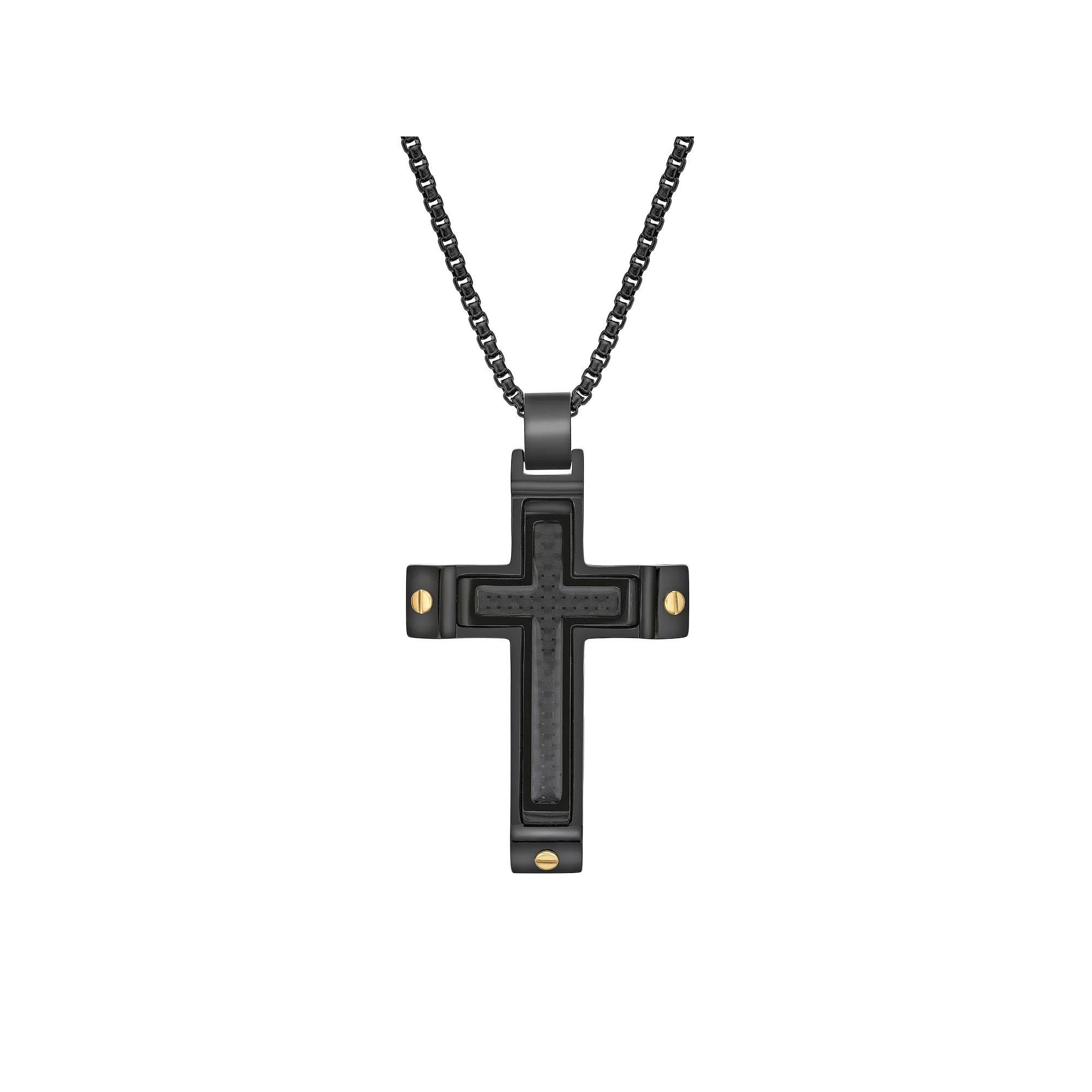 LYNX Men's Black Ion-Plated Stainless Steel Cross Necklace with Carbon Fiber Inlay, Size: 24", Two Tone Product Image
