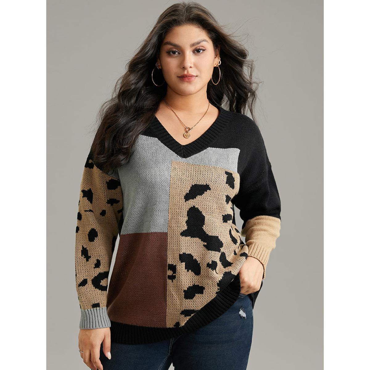 Plus Size Leopard Colorblock Contrast Pullover Black Women Casual Loose Long Sleeve V-neck Everyday Pullovers BloomChic 12/L Product Image