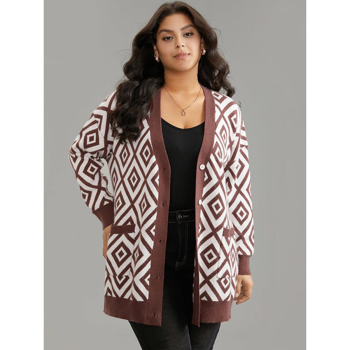 Plus Size Supersoft Essentials Geometric Button Through Cardigan Maroon Women Casual Loose Long Sleeve Dailywear Cardigans BloomChic 30/6X Product Image