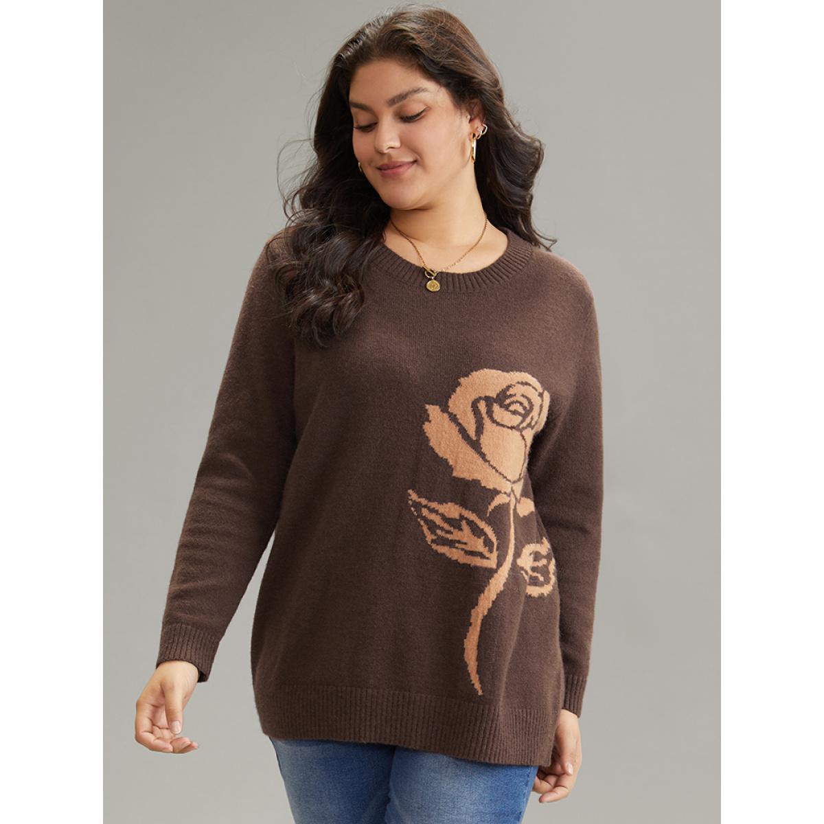 Plus Size Anti-Pilling Floral Graphic Crew Neck Pullover DarkBrown Women Casual Loose Long Sleeve Round Neck Dailywear Pullovers BloomChic 26/4X Product Image