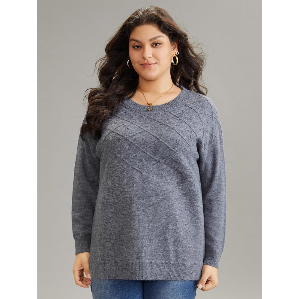 Plus Size Supersoft Essentials Textured Crew Neck Drop Shoulder Pullover DimGray Women Casual Loose Long Sleeve Round Neck Dailywear Pullovers BloomChic 30/6X Product Image