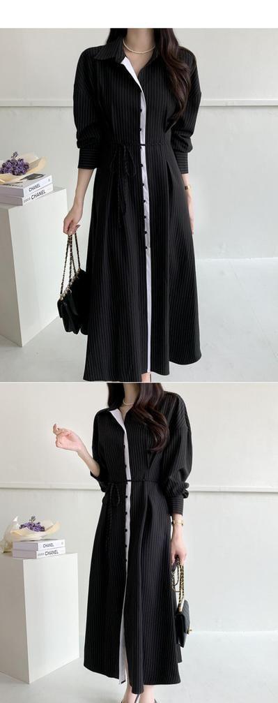 Long-Sleeve Pinstriped Contrast Trim Button-Up Midi A-Line Dress Product Image