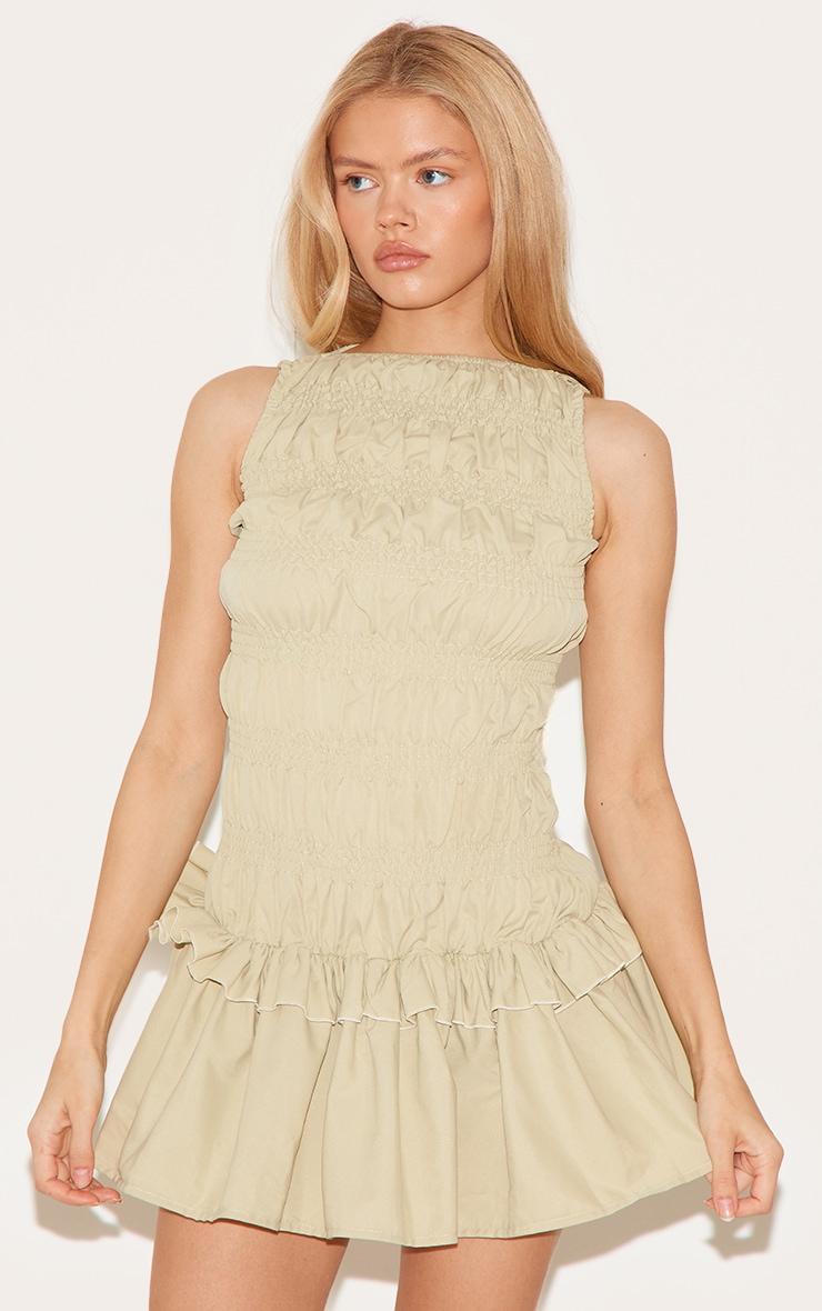 Sage Green Tailored Shirred Frill Shift Dress Product Image