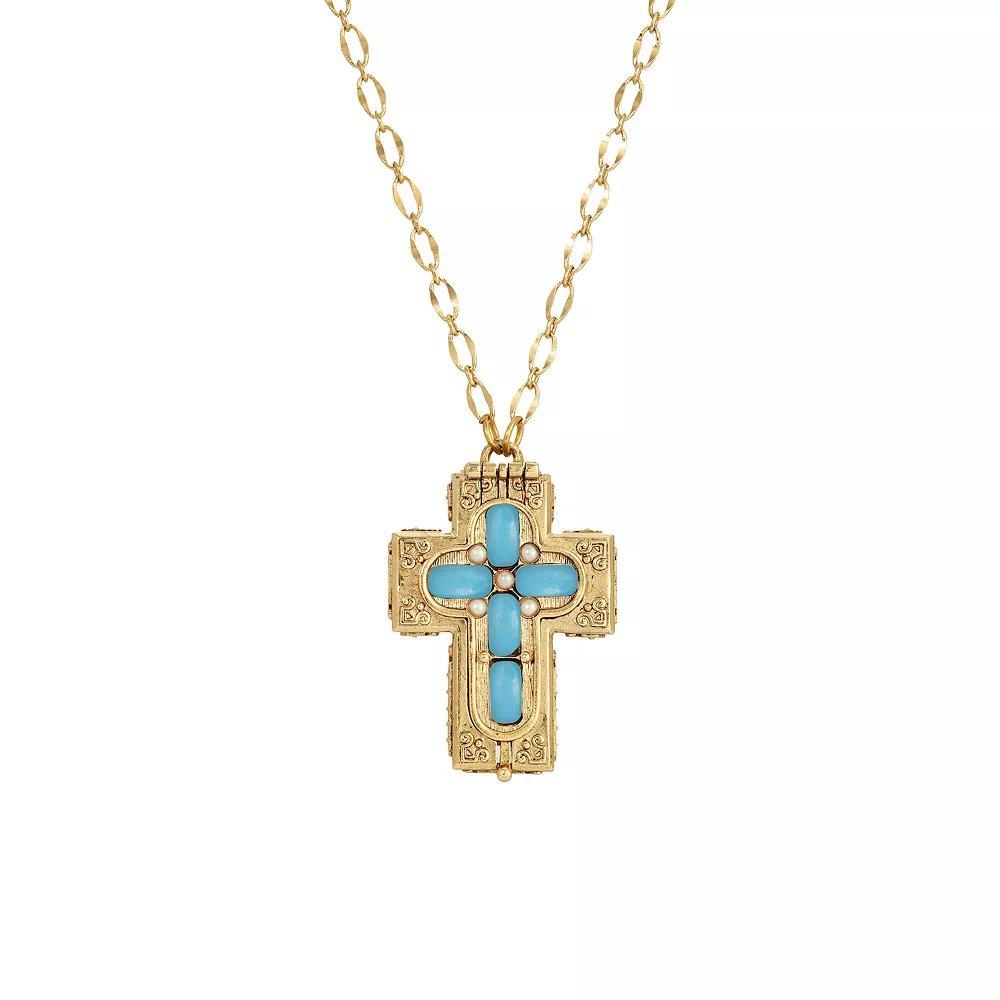 Symbols Of Faith Gold Tone Blue Moonstone Cross Locket Pendant Necklace, Womens, Green Product Image