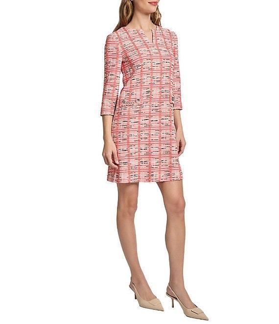 Ming Wang Multi Plaid Split V-Neck 3/4 Sleeve Sheath Dress Product Image