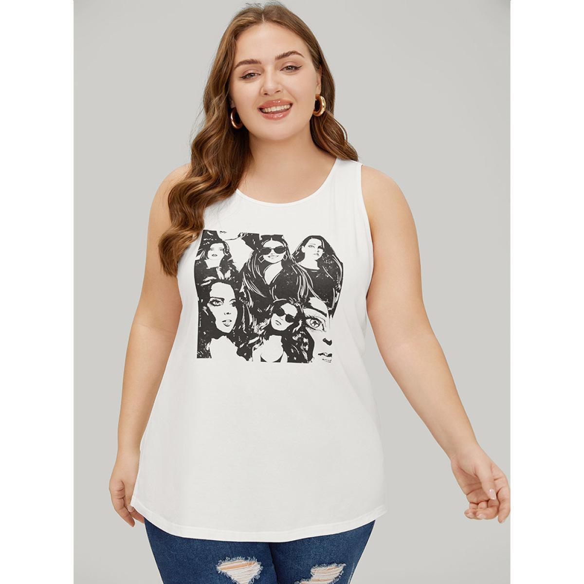 Plus Size Figure Print Sleeveless Tank Top Women White Casual Dailywear Tank Tops Camis BloomChic 12/L Product Image