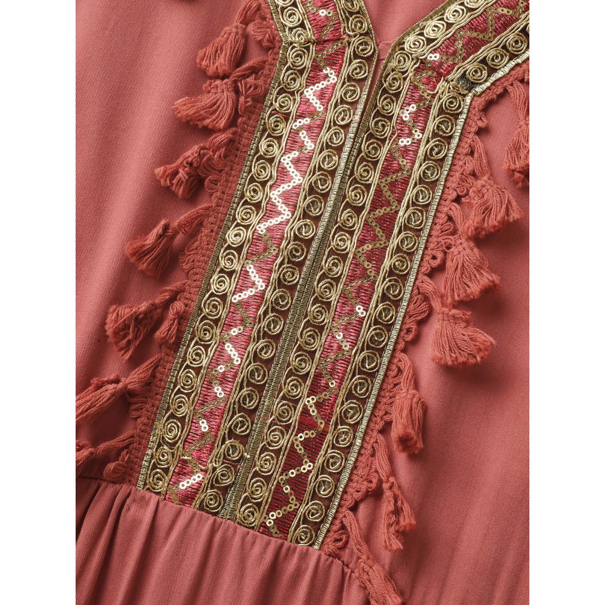 Plus Size Rayon Stretchy Waist Pockets Midi Dress Rust Women V-neck Half Sleeve Curvy BloomChic 14-16/1X Product Image