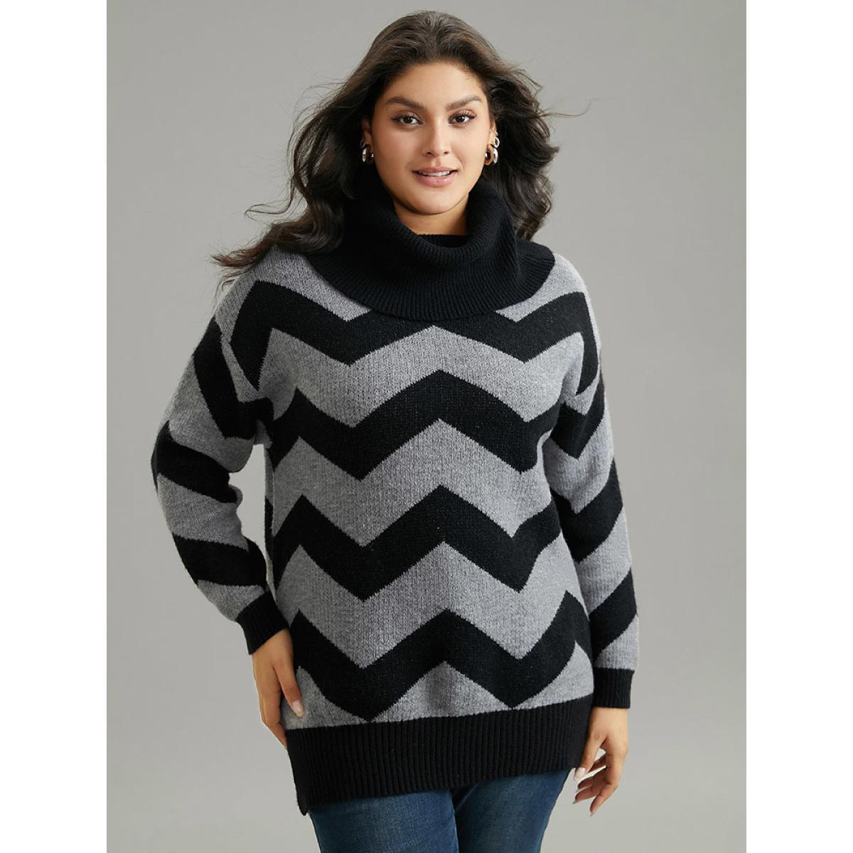 Plus Size Geo Striped Turtle Neck Drop Shoulder Pullover Black Women Casual Loose Long Sleeve Turtleneck Dailywear Pullovers BloomChic 22-24/3X Product Image