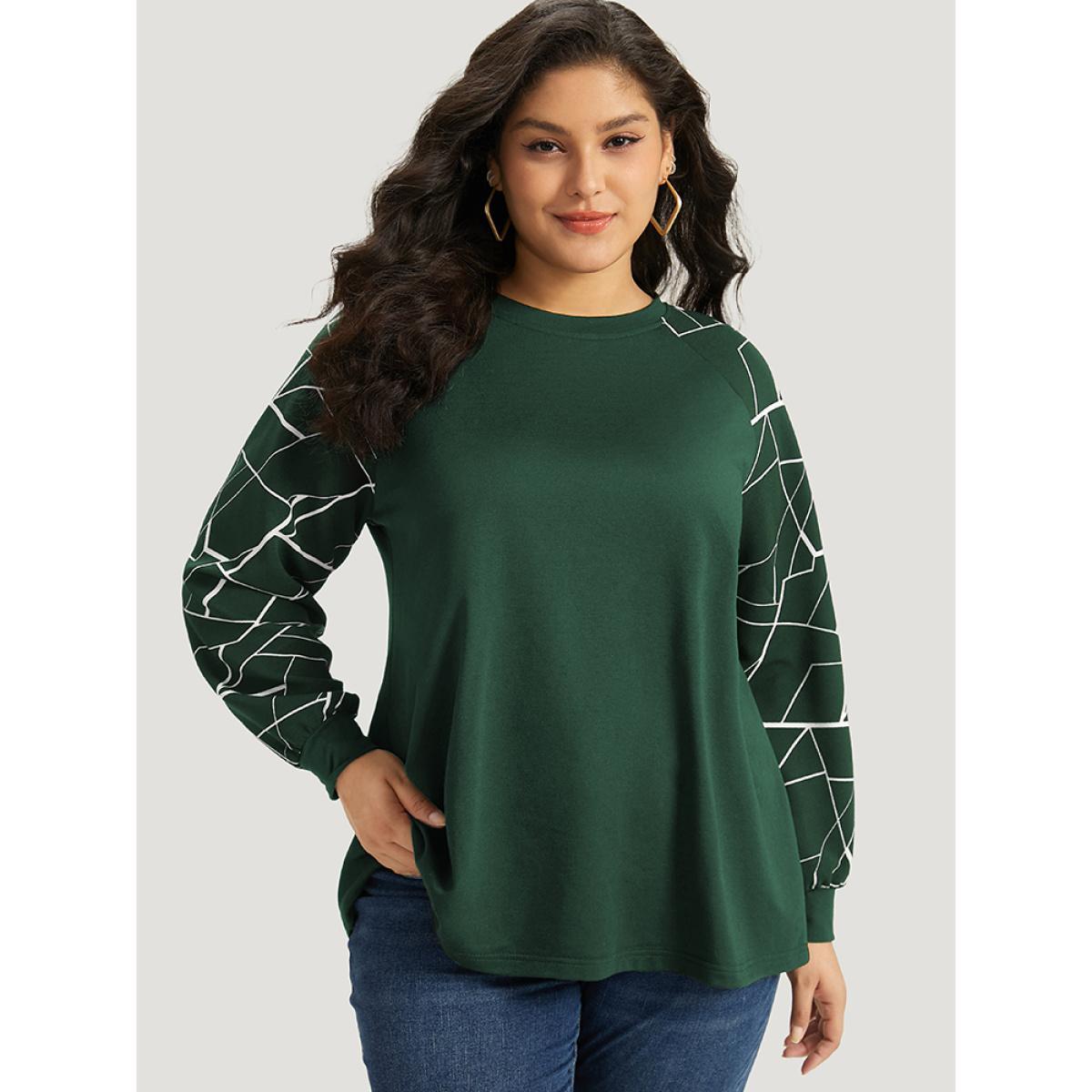 Plus Size Geometric Round Neck Raglan Sleeve Sweatshirt Women DarkGreen Casual Elastic cuffs Round Neck Dailywear Sweatshirts BloomChic 12/L Product Image