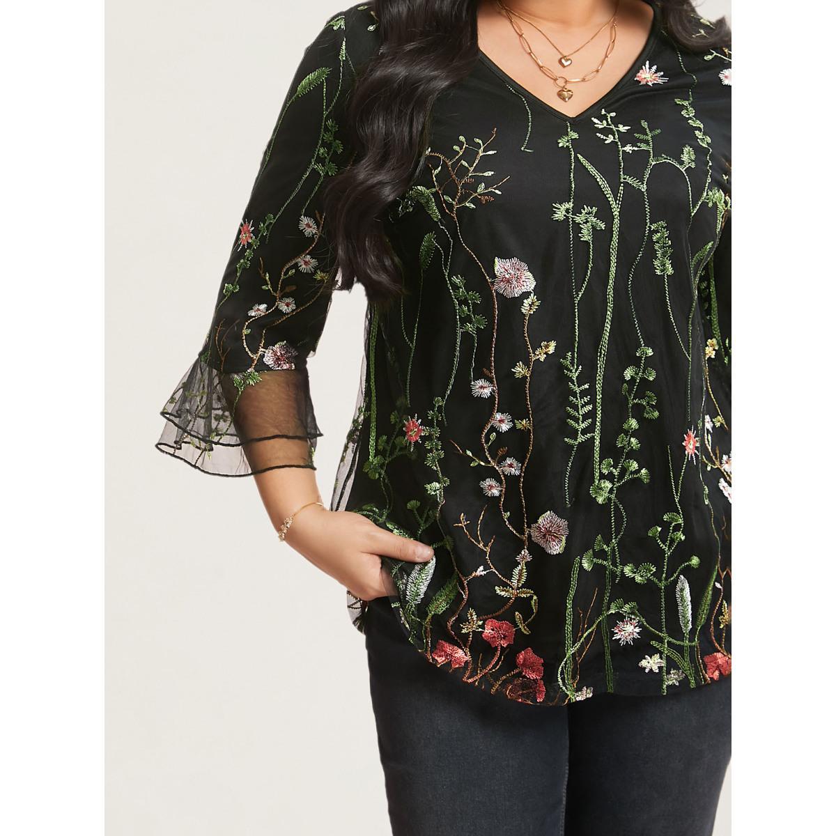 Plus Size Black Embroidered Mesh Lotus Leaf Sleeve Blouse Women Elegant Elbow-length sleeve V-neck Everyday Blouses BloomChic 18-20/2X Product Image