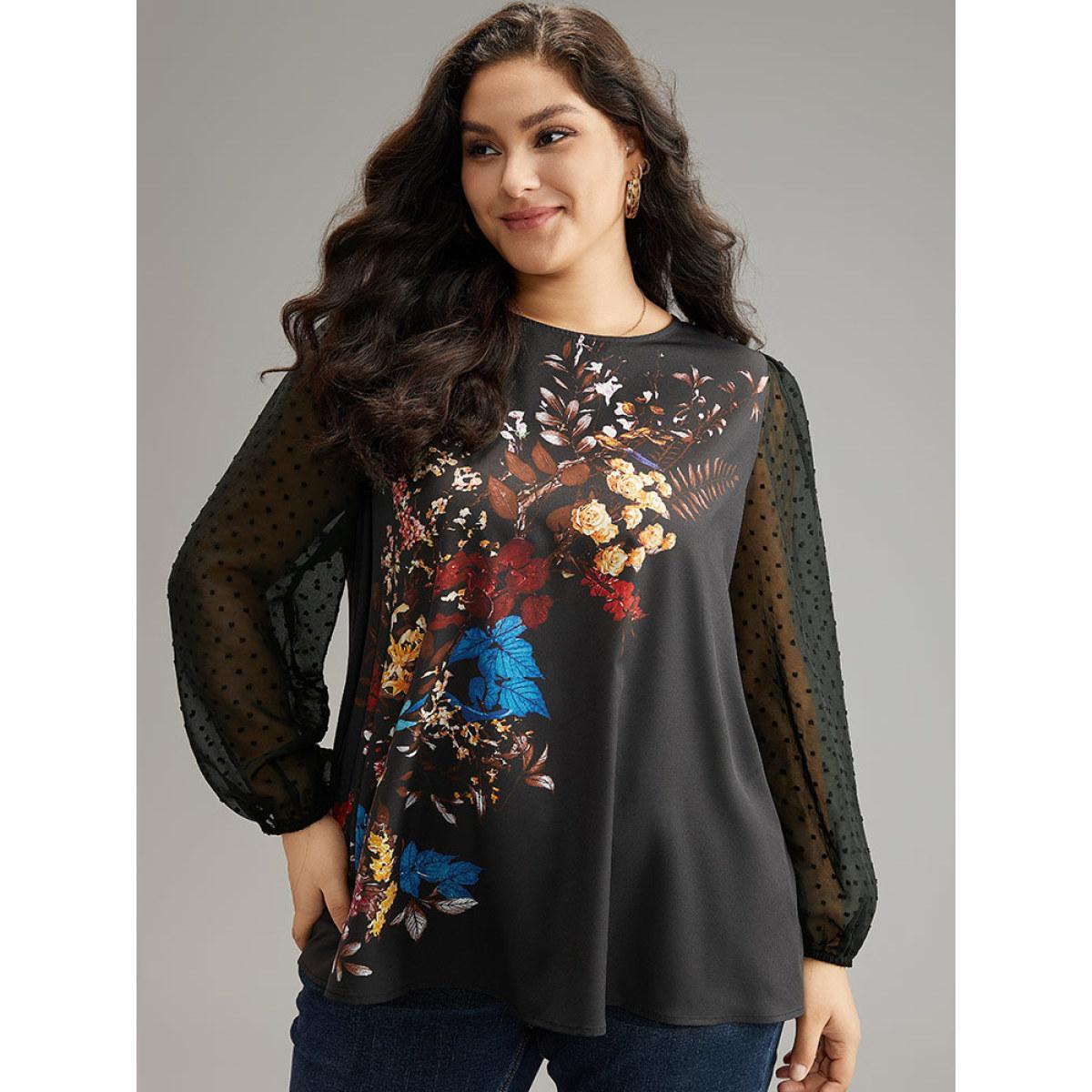 Plus Size Black Boho Print Patchwork Mesh Lantern Sleeve Blouse Women Elegant Long Sleeve Round Neck Dailywear Blouses BloomChic 12/L Product Image