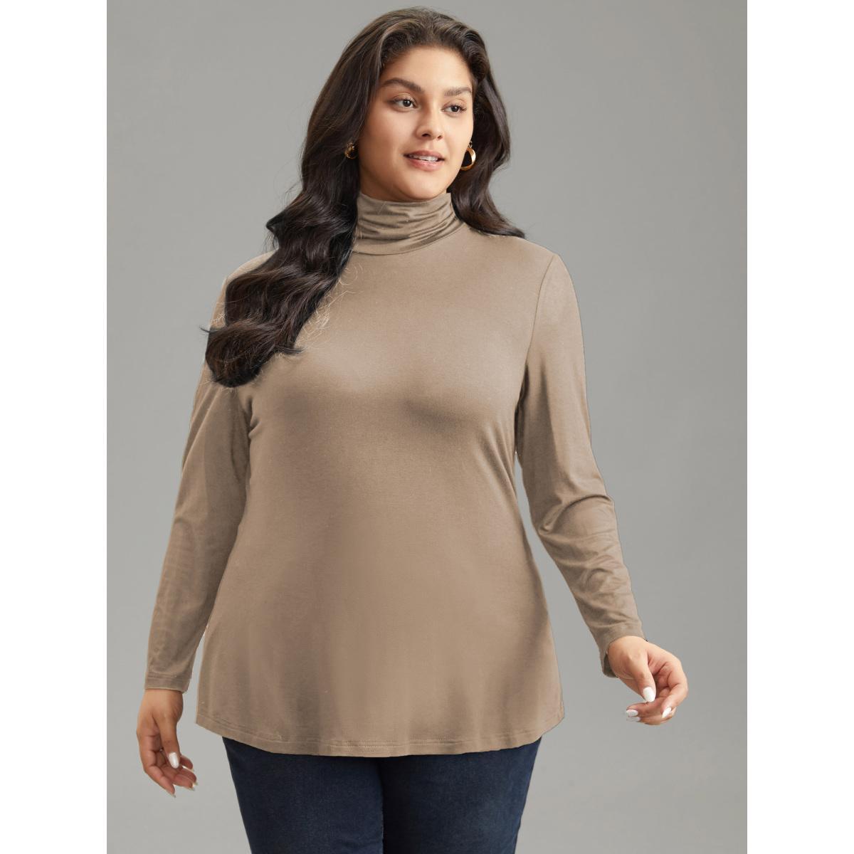 Plus Size Supersoft Essentials Solid Funnel Neck Knit T-shirt LightBrown Women Elegant Plain Plain Ruffled collar Bodycon Dailywear T-shirts BloomChic 30/6X Product Image