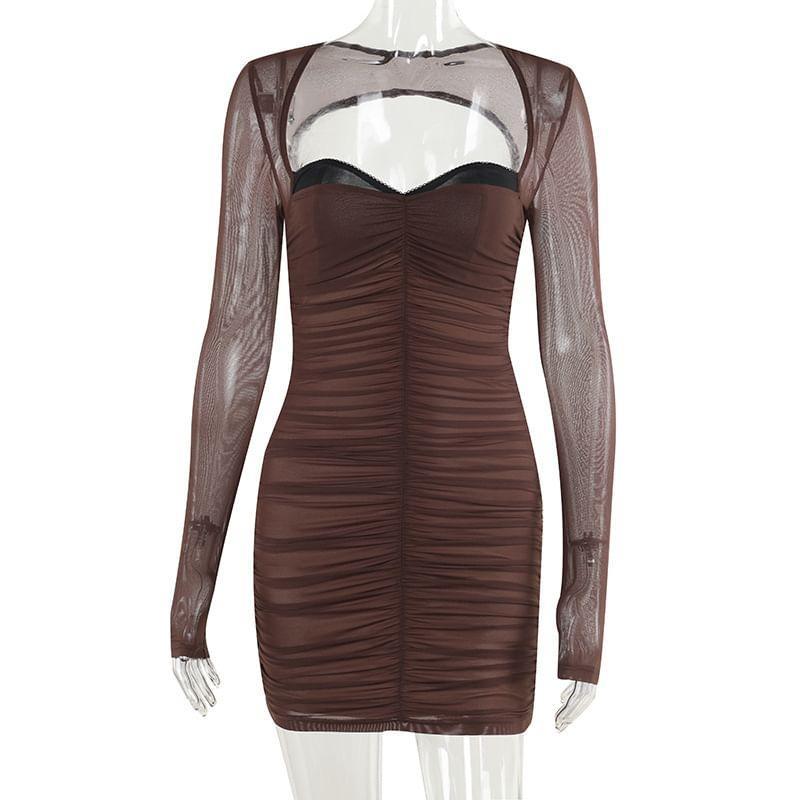 Long Sleeve Square Neck Ruched Bodycon Mini Dress Product Image