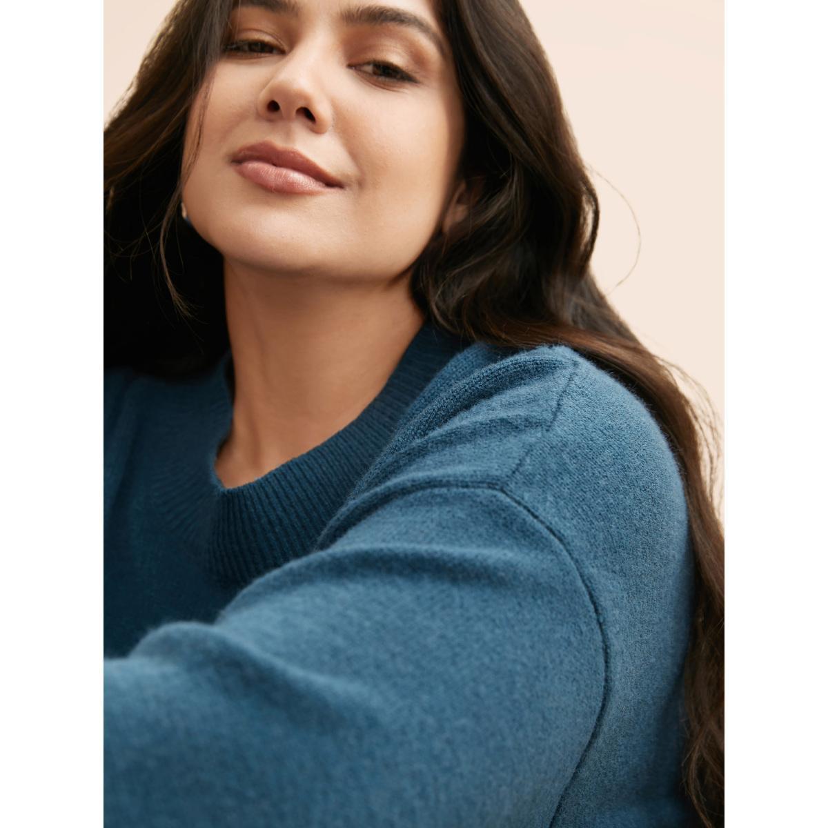 Plus Size Supersoft Essentials Split Wool Pullover Indigo Women Casual Loose Long Sleeve Round Neck Everyday Pullovers BloomChic 12/L Product Image