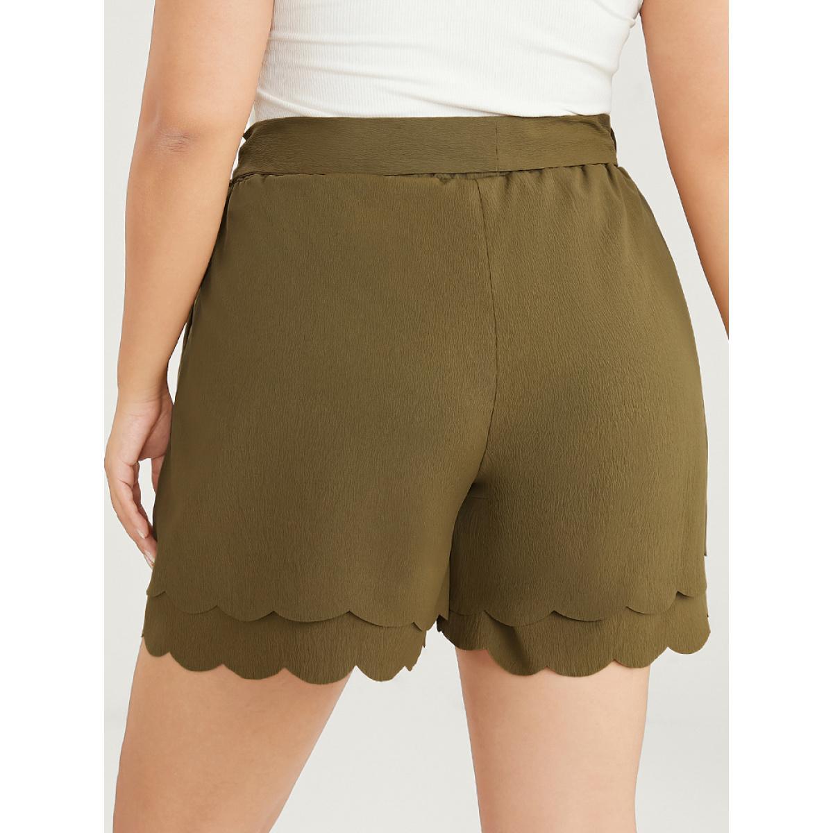 Plus Size Solid Belted Pocket Scalloped Trim Tiered Shorts Women ArmyGreen Casual Dailywear Shorts BloomChic 14-16/1X Product Image