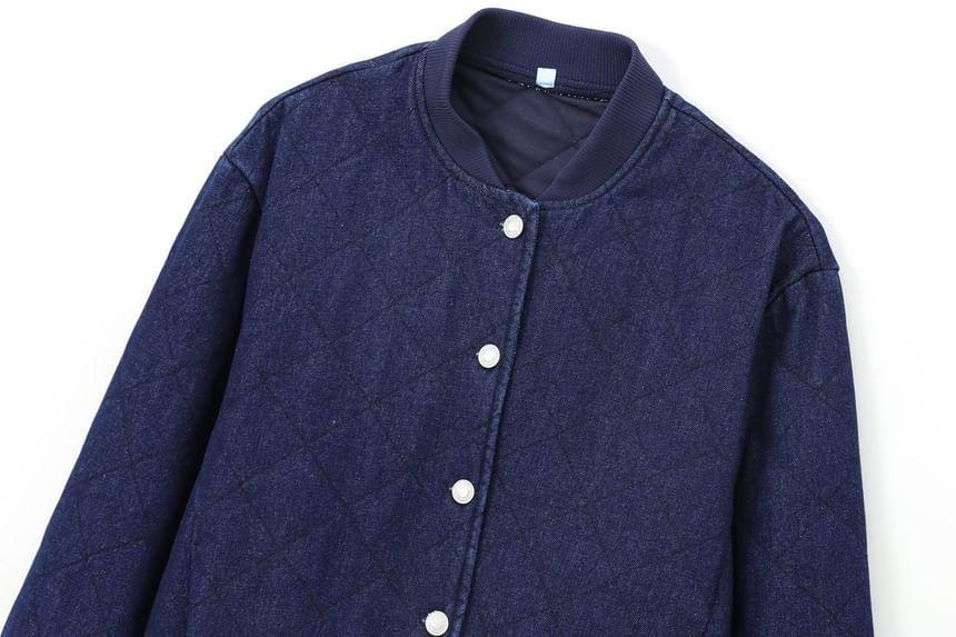 Stand Collar Denim Quilted Bomber Jacket Product Image