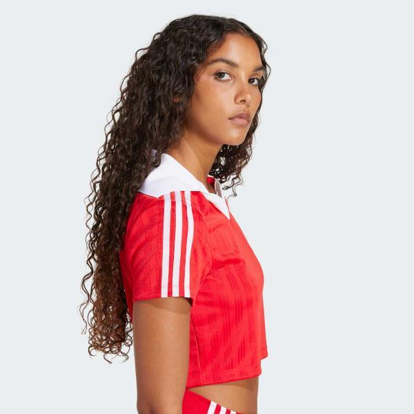 adidas Adicolor Football Jacquard V-Neck Crop Polo Shirt White XL Womens Product Image