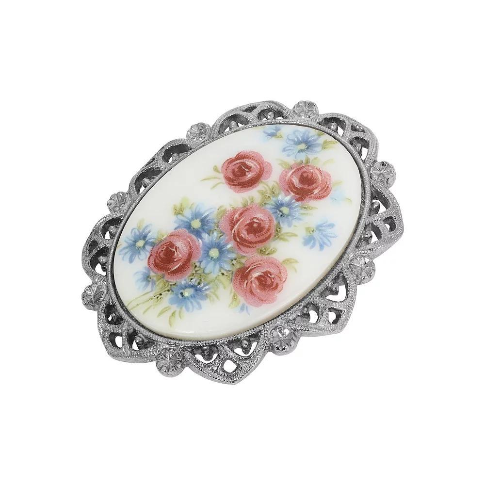 1928 Silver Tone Crystal Oval Floral Stone Brooch, Womens, Pink Product Image