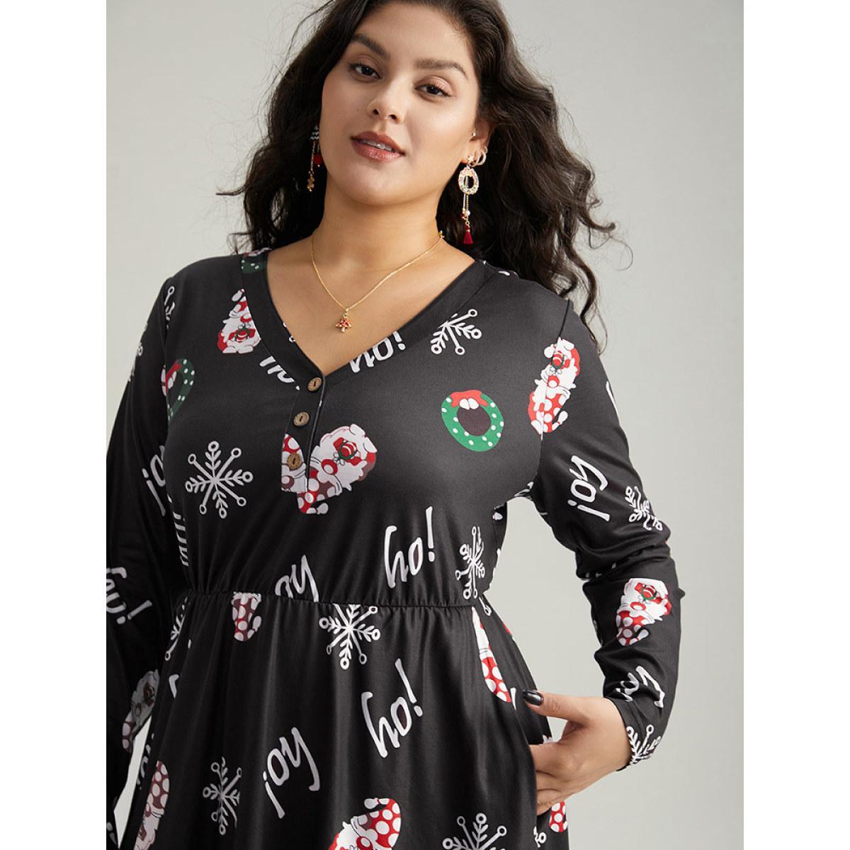 Plus Size Christmas Graphic Button Detail Dress Black Women Elegant Gathered V-neck Long Sleeve Curvy Midi Dress BloomChic 28/5X Product Image