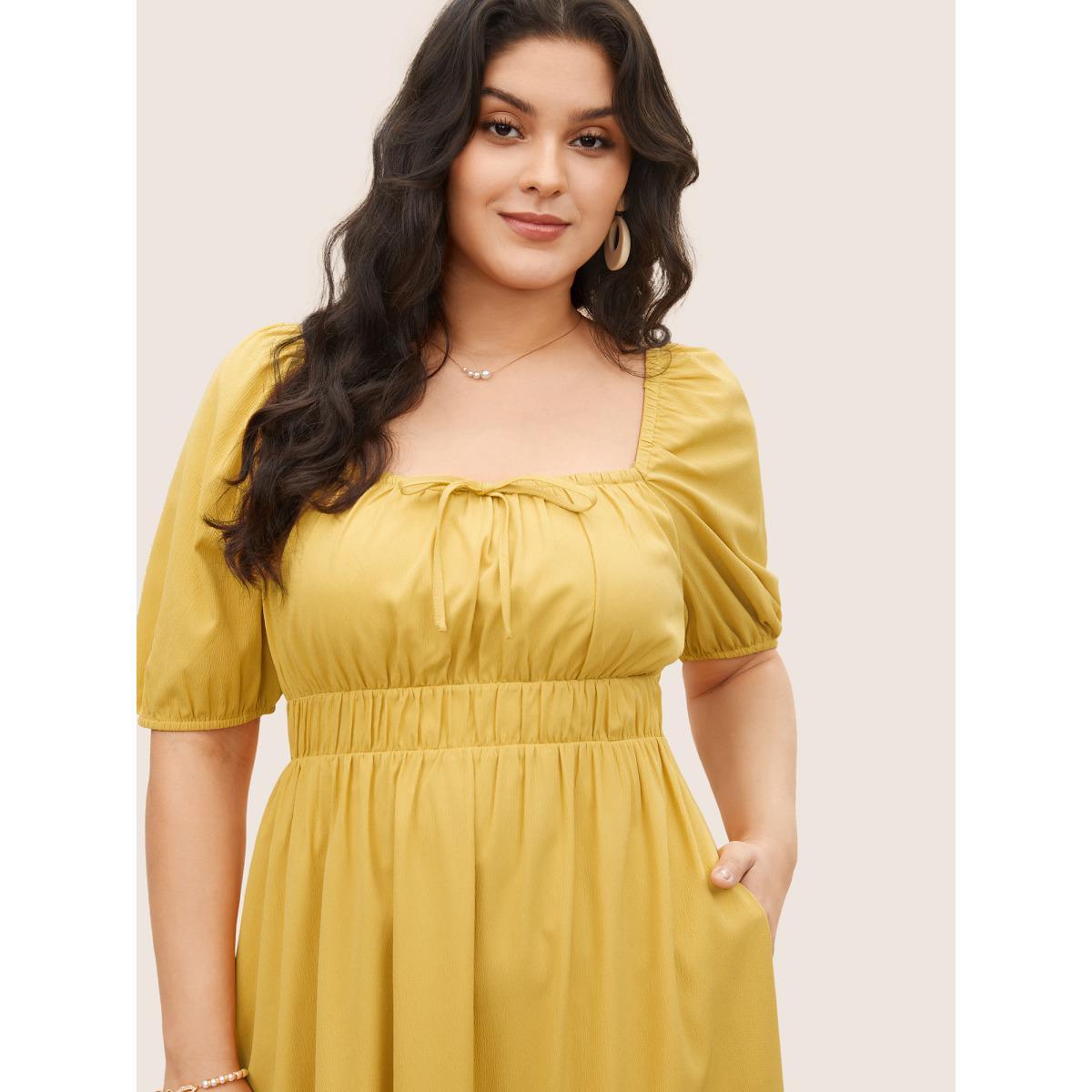 Plus Size Plain Lantern Sleeve Drawstring Square Neck Dress Yellow Women Elegant Non Square Neck Short sleeve Curvy Midi Dress BloomChic 26/4X Product Image