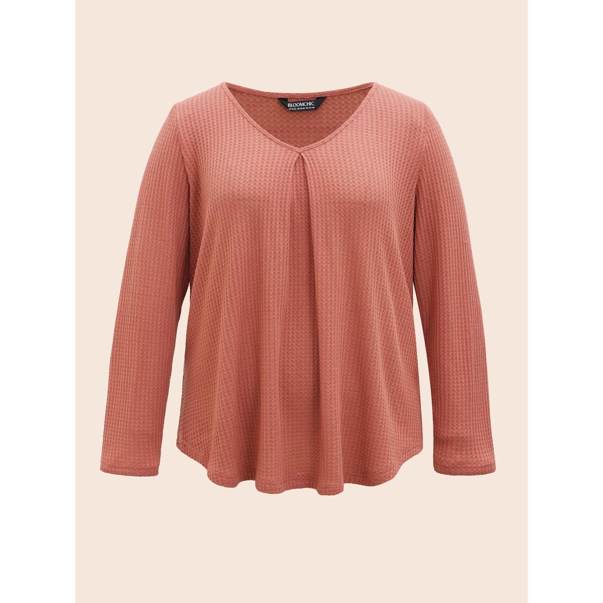 Plus Size Plain Waffle Knit Scoop Neck Plicated Detail T-shirt Salmon Women Casual Non Plain V-neck Everyday T-shirts BloomChic 14-16/1X Product Image