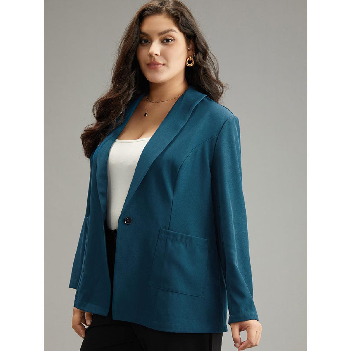 Plus Size Lapel Collar Pocket Blazer Cyan Women Work Plain Plain Sleeve Long Sleeve Suit Collar 14-16/1X Pocket At the Office Blazers BloomChic Product Image