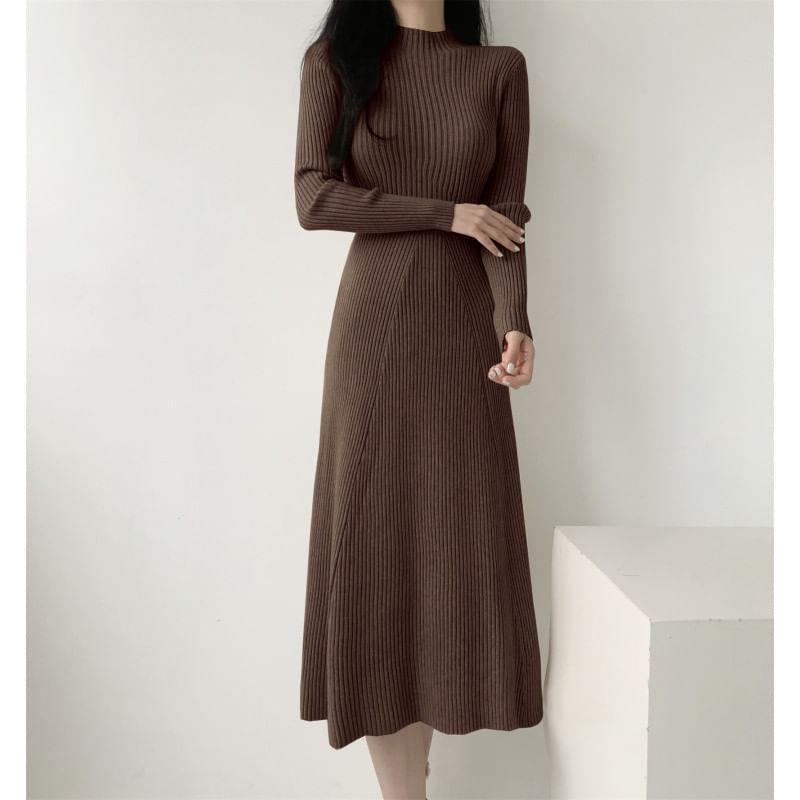 Long-Sleeve Mock Neck Knit Plain Midi A-Line Dress Product Image