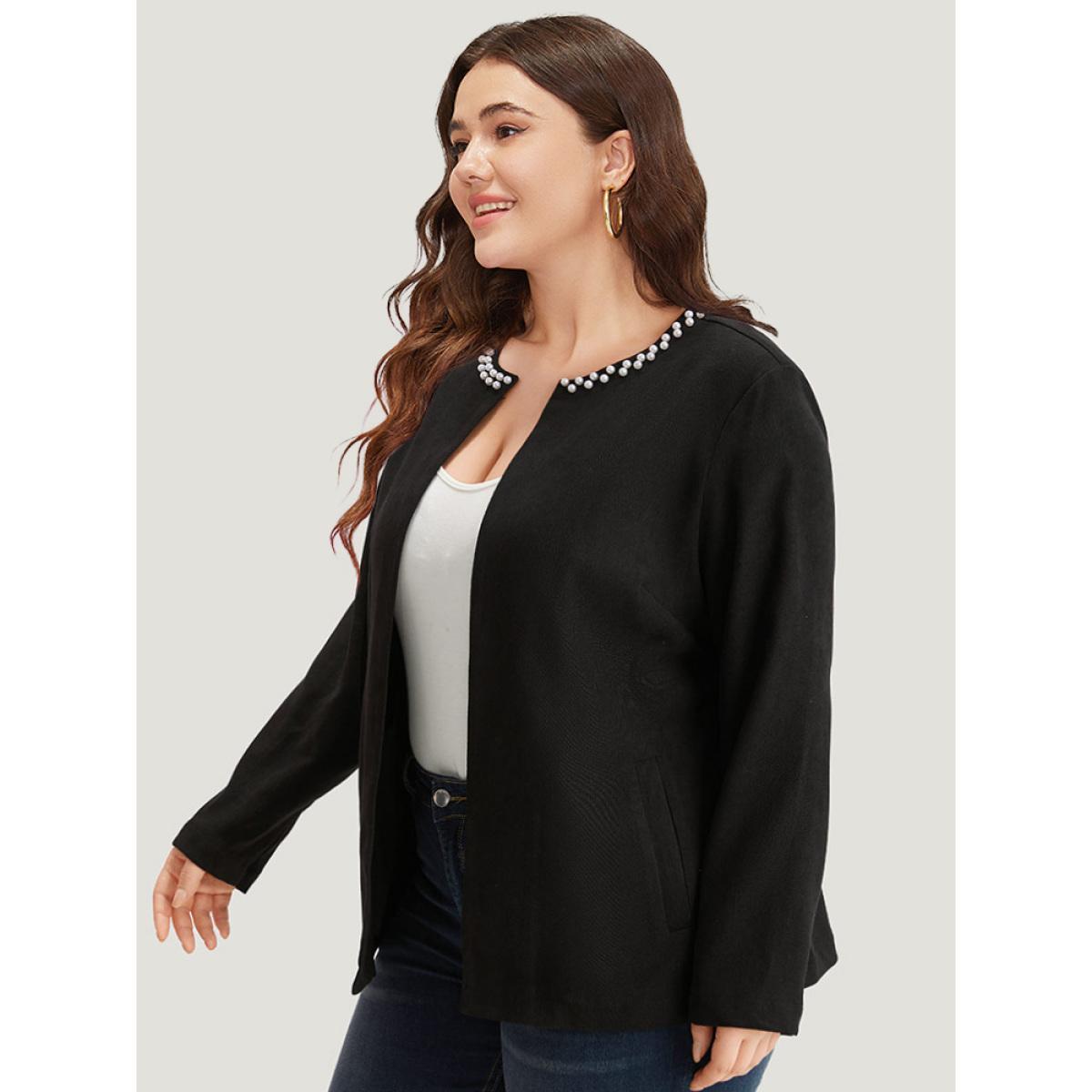 Plus Size Solid Pearl Beaded Detail Open Front Coat Women Black Casual Beaded Ladies Dailywear Winter Coats BloomChic 14-16/1X Product Image