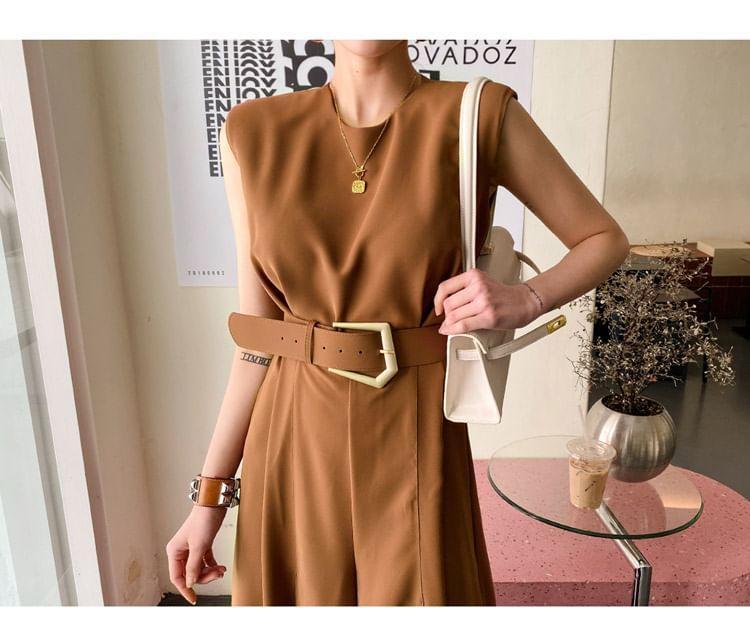 Sleeveless Crewneck Plain Wide Leg Jumpsuit Product Image
