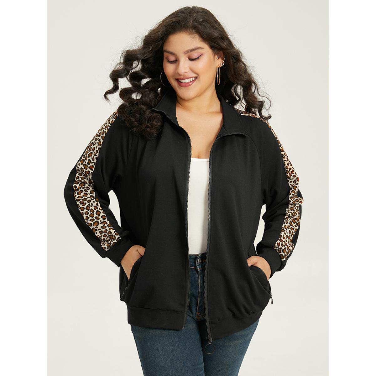 Plus Size Leopard Print Patchwork Zipper Pocket Jacket Women Black Elastic cuffs Pocket Dailywear Jackets BloomChic 26/4X Product Image