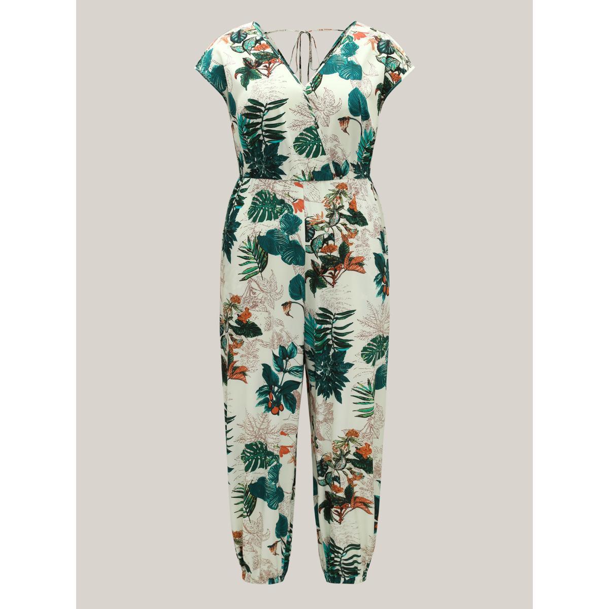 Plus Size Emerald Tropical Print Surplice Neck Back Tie Jumpsuit Women Cap Sleeve V-neck Vacation Loose Jumpsuits BloomChic 10/M Product Image