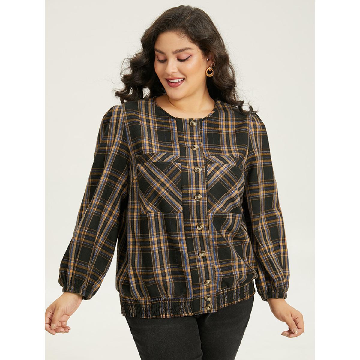 Plus Size Plaid Button Through Elastic Hem Shacket Women Black Elastic cuffs Pocket Dailywear Jackets BloomChic 10/M Product Image